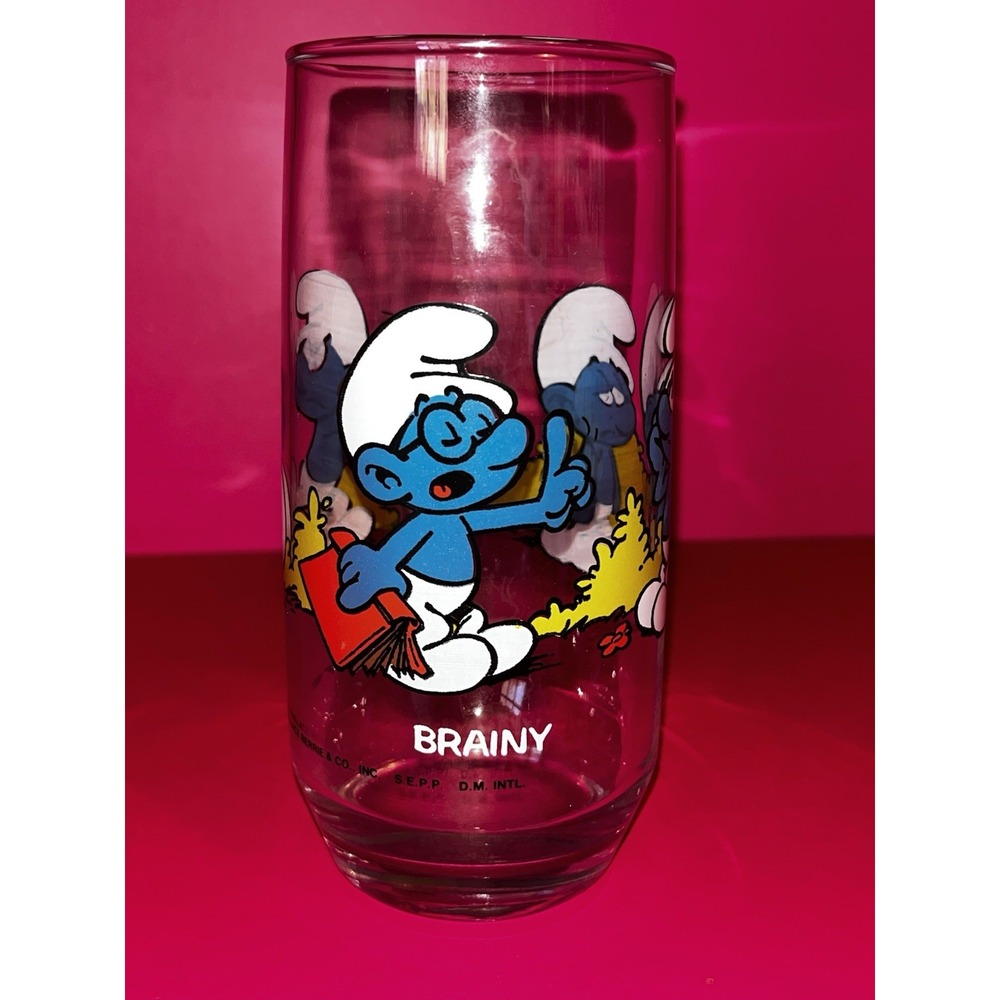 Vintage Brainy Smurf Hardees Collector Glass Cup Tumbler Wallace Berrie Peyo1982